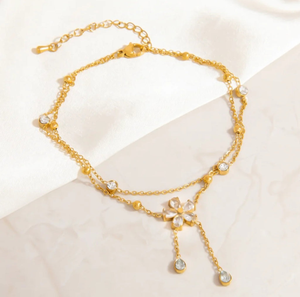 Chaîne de Cheville Double Rang Fleur de Zircon